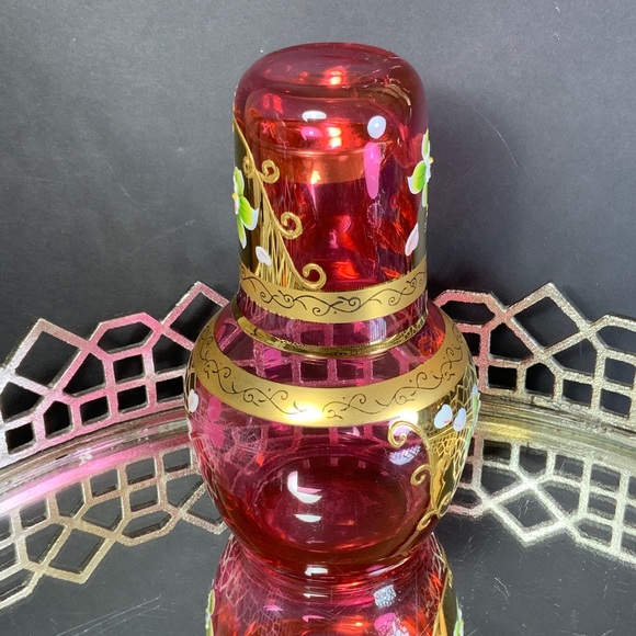 Czech Cranberry Tumble Up Bohemia Gold Guilt Applied Flowers Water Set #N1 - Picture 3 of 9